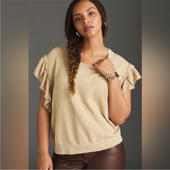 NWOT Anthropologie Pilcro Beige Tan Chambray Flutter Ruffle Sleeve Sweatshirt XS - Picture 10 of 10